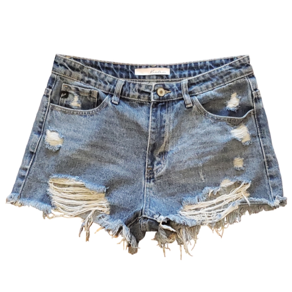 Kancan Women's Shorts Sz M | Medium Wash | Distressed Cut Off Frayed Denim Short